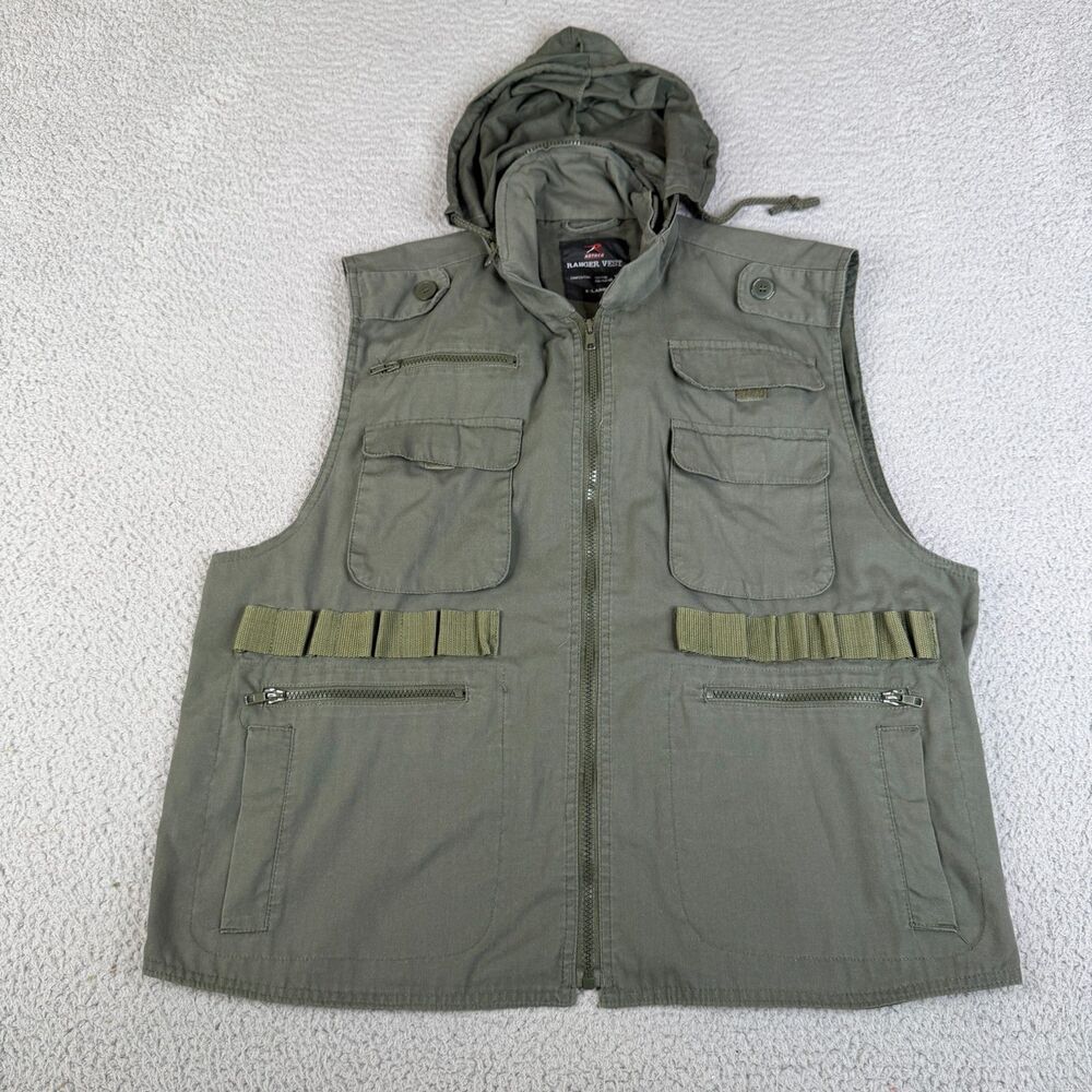 ROTHCO Ranger Vest Mens XL Green Hood Multi Pocket Tactical Utility Fishing